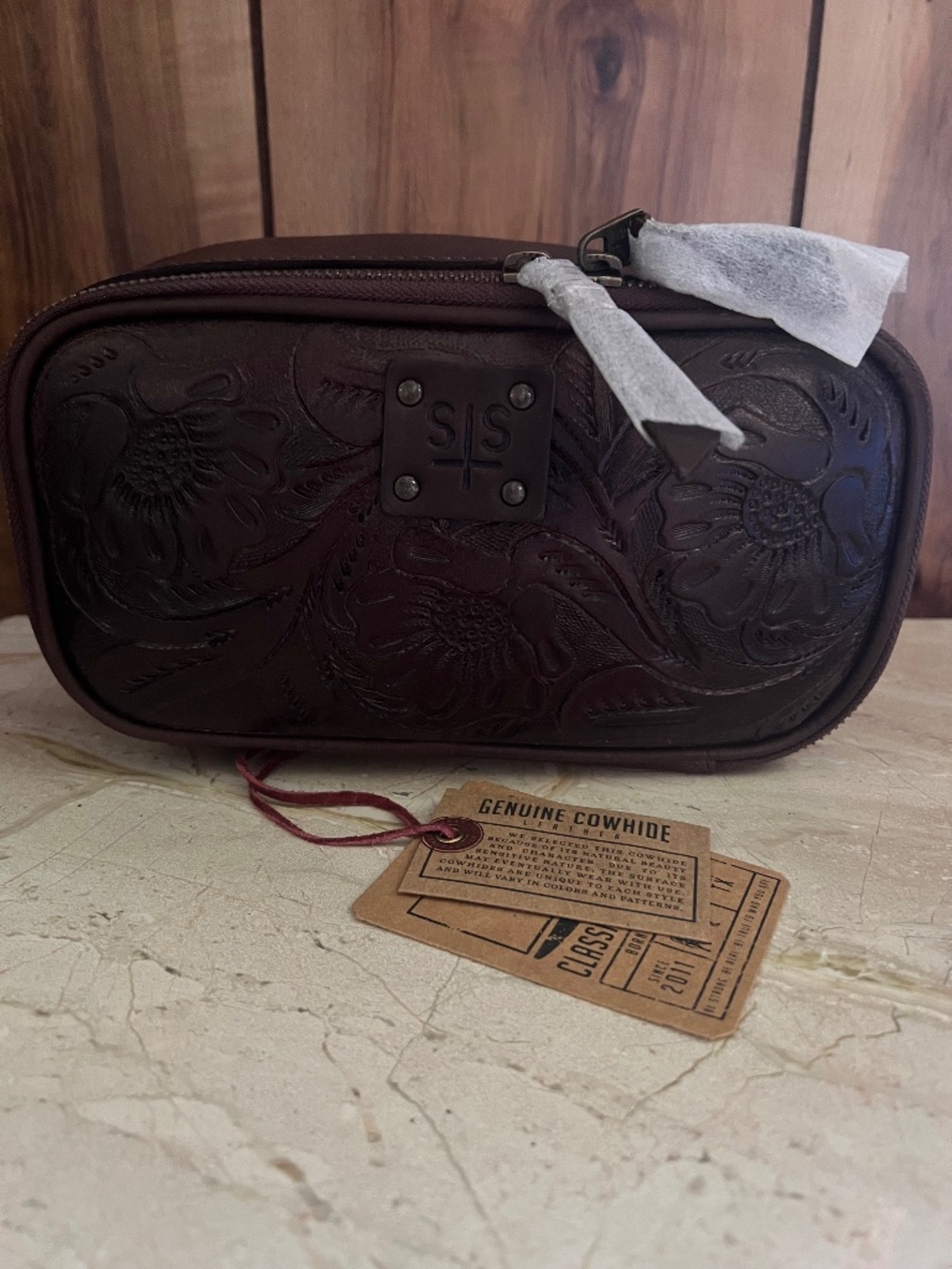STS RANCHWZRE WESTWARD ADA MAKEUP BAG BROWN LEATHER WITH TOOLED FLORAL ACCENTS